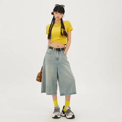 2024 Summer Y2k Retro Women Low Waisted Wash Cropped Baggy Jeans Wide Leg Frayed Denim Short Pants Korean Fashion Pants