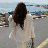 Mojoyce Korean Chic Faux Fur Coats Women Elegant O-Neck Lamb Wool Jackets Woman Fall Winter Luxury Thick Warm Plush Outwear Tops Mujer