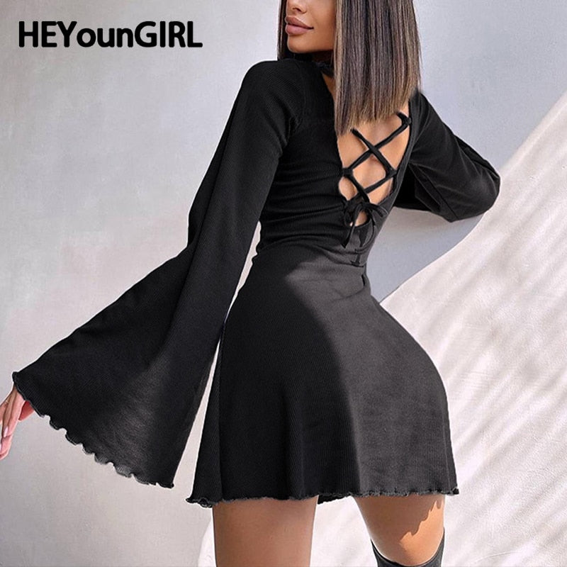 Mojoyce Cross Lace-up Backless Short Dress Clubwear Elegant Women Sexy Long Sleeve A-line Dresses Ribbed Party Outfits Slim