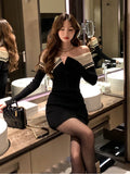 Mojoyce-Winter Sexy Sweater Dress Women Korean Fashion Elegant Slim Knitted Dress Female Off Shoulder Chic Evening Party Mini Dress 2024