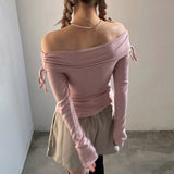Mojoyce Cute Slash Neck Women T-shirt Drawstring Long Sleeve Off Shoulder Button Top Sweet Korean Kawaii Tee Autumn Lady