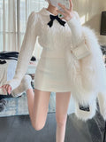 Mojoyce-Winter Kawaii Knitted Two Piece Set Women Casual Bow Elegant Mini Skirt Suit Female Korean Fashion Warm Elegant Sweater Set 2024