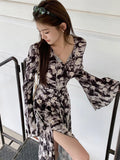 MOJOYCE-Vintage Print Midi Dress for Women 2023 New Autumn Streetwear Long Sleeved V-neck Elegant Chic Sweet Floral Dress Korean