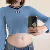 Mojoyce Letter Patchwork Slim Tshirts Vintage Long Sleeves Aesthetic Crop Tops 90s Fashion Streetwear Chic V-neck Outfits
