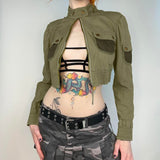 Mojoyce Green Bomber Cropped Jackets Safari Style Women Patchwork Fishnet Pockets Fashion Coat Harajuku Zipper Y2K Clothing