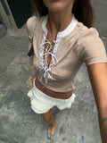 MOJOYCE Deep V Neck Lace Up Slim Crop Tops For Women Sexy Short Sleeve Patchwork Hot Girl Summer Club Party Y2K Short Top Fashion