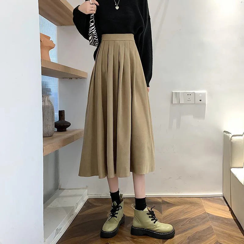 Mojoyce Vintage High Waist Pleated Long Skirt Women Korean Fashion Slim Fit skirt female Elegant Thick A-line Elastic Waist Faldas Mujer