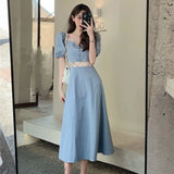 MOJOYCE Elegant Lace Dress Women Square Collar Patchwork A Line Midi Dress Vintage Korean Puff Short Sleeve Blue Slim Vestidos New