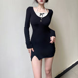 Mojoyce Women Black Short Dress Splicing Pleats Halter Neck Long Sleeve Evening Bodycon Split Mini Dresses Lady Clubwear