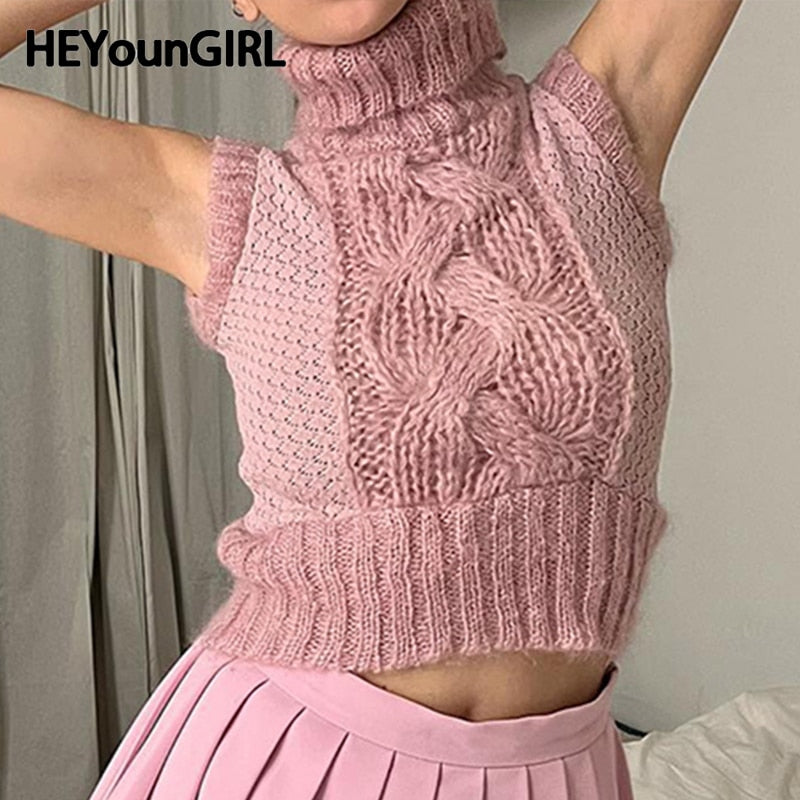 Mojoyce Sweet Women Pink Sweater Vest Turtleneck Sleeveless Fitted Twist Front Cropped Tank Top Knitted Y2K Street Outfits