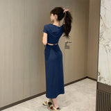 MOJOYCE-Casual Elegant Long Dress for Women Slim Office Lady Solid Fashion Simplicity Short Sleeve Female Korean Dresses Summer 2023