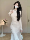 MOJOYCE-Elegant Knitted Fishtail Dress for Women Autumn Winter White Black O-neck High Waist Slim Chic Party Solid Button Dresses