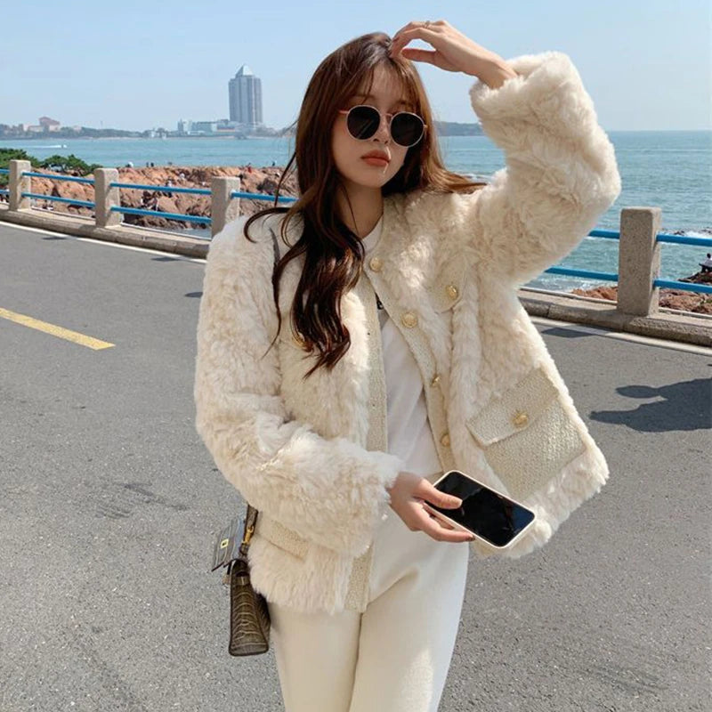 Mojoyce Korean Chic Faux Fur Coats Women Elegant O-Neck Lamb Wool Jackets Woman Fall Winter Luxury Thick Warm Plush Outwear Tops Mujer