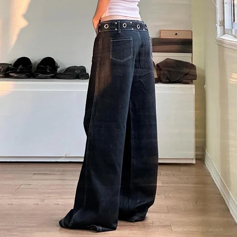 Mojoyce Fashion Design Belt Wide Leg Jeans Punk Grunge Low Waist Denim Trousers Streetwear Hip Hop Gothic Baggy Pants Y2K