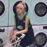 MOJOYCE-American Retro T-shirts Letter Women Mid Length Camisetas Harajuku Hip Hop Loose Ball Suit Summer O-Neck Sleeveless Vest Tees