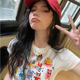 MOJOYCE-Korean Tshirts Short Sleeve Slim High Waist Kawaii Women Y2k Crop Tops Sexy Camisetas Cartoon Print Sweet Summer O-Neck Tees