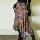 MOJOYCE Vintage Butterfly Print Irregular Long Skirt Lace Patchwork High Waist Loose Fit A-line Skirts Grunge Aesthetic