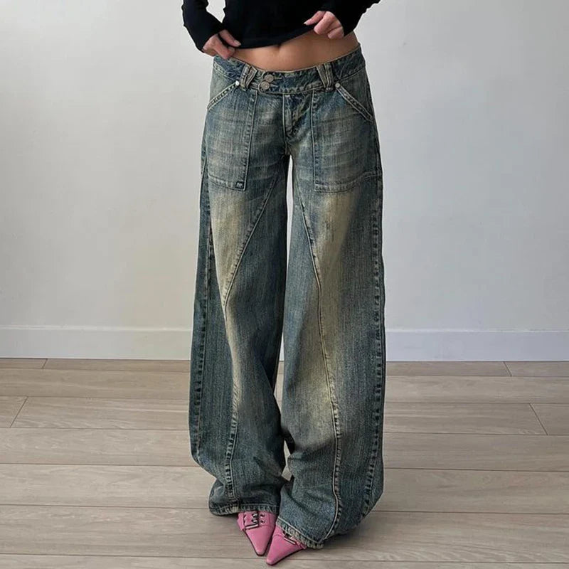 Mojoyce Casual Korean Stylish Baggy Jeans for Women High Street Harajuku Loose Denim Pants Vintage Grunge Wide Leg Trousers