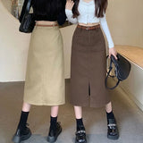Mojoyce Korean Slim Fit Cargo Long Skirt Women Fashion with Belt High Waist Split Straight Skirt Woman All-Match Pockets Midi Faldas New