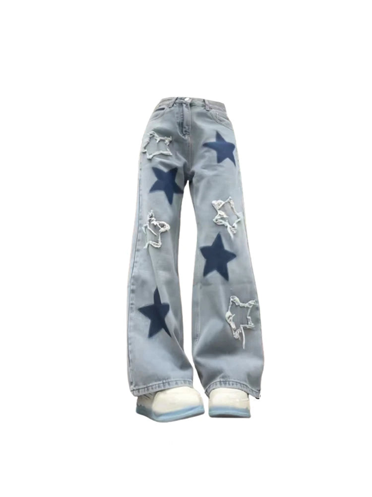 Women's Baggy Blue Star Jeans Vintage Y2k 90s Aesthetic Denim Trousers Harajuku High Waist Wide Cowboy Pants 2000s Clothes 2024