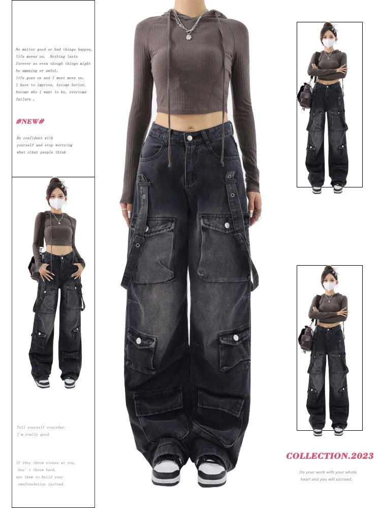 Mojoyce-Women Vintage Black Gothic Cargo Jeans Y2k Wide Leg Denim Pants Oversize 2000s High Waist Jeans Korean Baggy Trousers 90s Jeans