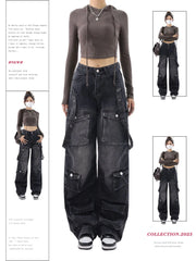 Mojoyce-Women Vintage Black Gothic Cargo Jeans Y2k Wide Leg Denim Pants Oversize 2000s High Waist Jeans Korean Baggy Trousers 90s Jeans