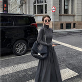 MOJOYCE-New Autumn Winter French Vintage Black Women Midi Dresses Long Sleeved High Collar Slim Office Lady Female Knitted Long Dress