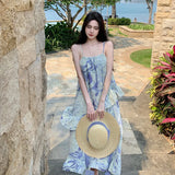 MOJOYCE-New Vintage Cute Bule Print Dresses for Women 2024 New Spring Summer Fashion Sleeveless Sling Holiday Beach Sweet Fairy Dress