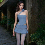MOJOYCE Fashion New Two Piece Set Summer Blue Y2K Sleeveless Slanted Neck One line Neck Strap Top and Pleated Mini Dress