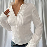 Mojoyce Women's White Shirt Folds Long Sleeve Zip Up Autumn Blouse Chic Basic Fashion Street Lady T-shirt Office Wear 2023