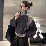 Mojoyce Women Cropped Jacket Oversized Patchwork Chic Coats Female Harajuku Y2k Zip Up Windbreaker Korean Fashion Jackets Streetwear