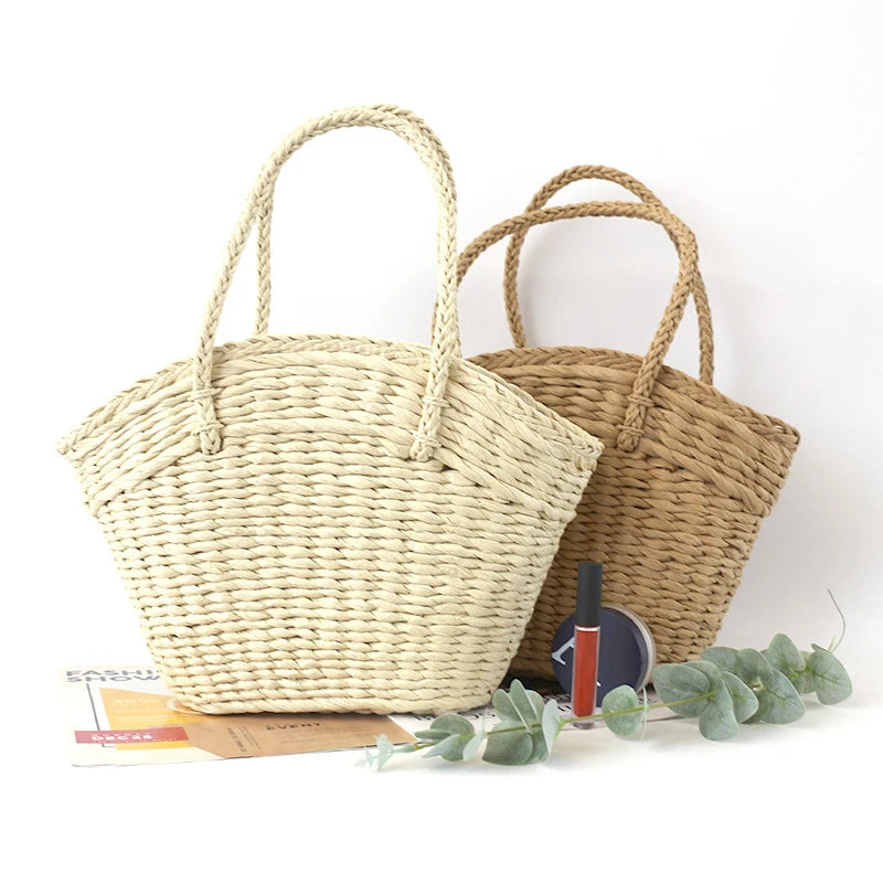 MOJOYCE-Summer Bags Women Beach Bag For Summer  New Straw Woven Braided Top Handle Travel Shopping Bucket Fashion Simple Large Luxury Handbags