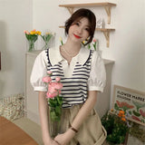 MOJOYCE-Fake Two Piece Patchwork Korean Knitted Tshirts Puff Sleeve Women Turn-down Collar Ice Silk Tees Loose Striped Y2k Camisetas