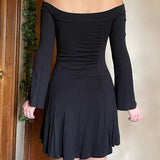 Mojoyce Off Shoulder A-line Short Dress Party Outfits Women's 2023 Autumn Black Elegant Retro Mini Dresses Gothic Style