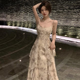 MOJOYCE-Vintage Shivering Print Dress for Women Sling Sleeveless Slim Flounce Chiffon Casual Korean Long Dresses Female Clothing Summer
