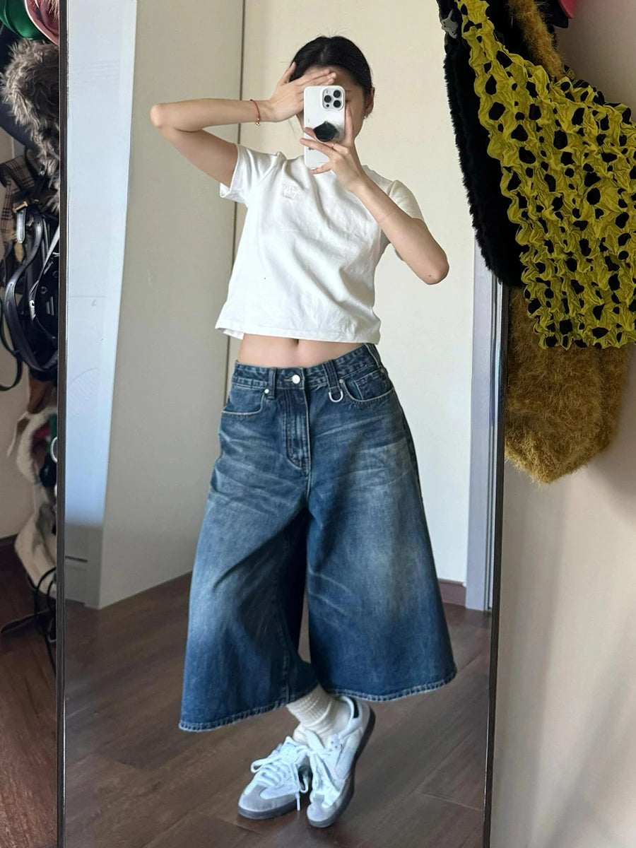 2024 Vintage Wash Whiskers Denim Shorts Women Low Rise Distressed Frayed Wide Leg Baggy Jeans Jorts Casual Summer Clothes