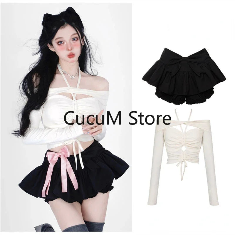 2024 Spring Off Shoulder White Crop Top Women's Black Mini Pleated Skirt Cute Two 2 Piece Outfits for Shorts Set Women Shirts