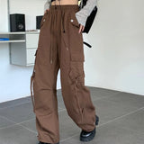 Mojoyce American Vintage Oversize Black Pants Women Fashion Hip Hop Drawstring Trouser Female Harajuku Pocket Wide Leg Streetwear New