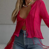 MOJOYCE-Women Sexy See Through Y2k Mesh Cardigan Tshirt Vintage Flare Sleeve Tie Front Top Ruffle Buttons Blouse Egirl Streetwear