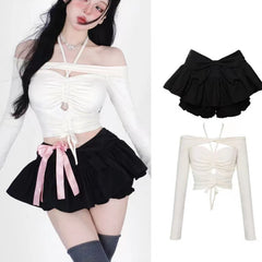 2024 Spring Off Shoulder White Crop Top Women's Black Mini Pleated Skirt Cute Two 2 Piece Outfits for Shorts Set Women Shirts