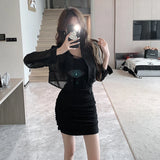 MOJOYCE-Elegant Slim Mesh Dress Women for 2023 Autumn Fashion with Black Sunscreen Cardigan Korean Office Lady Mini Dresses Long Sleeved