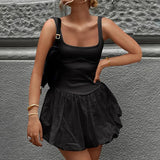 MOJOYCE Folds Patchwork Mini Vest Dress For Women Slim Fit High Waist Beach Dress Sleeveless A-line Solid Party Female New Summer