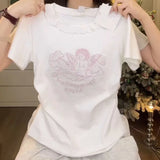 MOJOYCE-Y2K Tees Slim Waist White Camisetas Angel Embroidery Y2k Women O Neck Sweet Preppy Style New Chinese Tshirts Short Sleeve