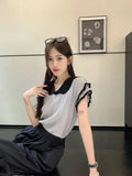 MOJOYCE-Contrast Color Short Sleeve Tshirts Tops Elegant Vintage Korean Tees Knitted Peter Pan Collar Women Streetwear Y2k Camisetas