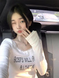 MOJOYCE-Camisetas Y2k Tshirts Skinny Lace Patchwork Letter Print Crop Tops Women Vintage Korean Short Slim High Waist Bottoming Tees