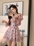 Mojoyce-Autumn Vintage Sweet Dress Women Chiffon Floral Bodycon Mini Dress Female korean Party Beach Long Sleeve Casual Dresses 2024