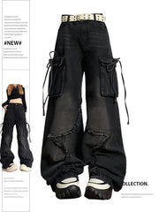 Mojoyce-Women's Black Gothic Baggy Cargo Jeans with Star Harajuku Y2k 90s Aesthetic Denim Trousers Emo 2000s Jean Pants Vintage Clothes