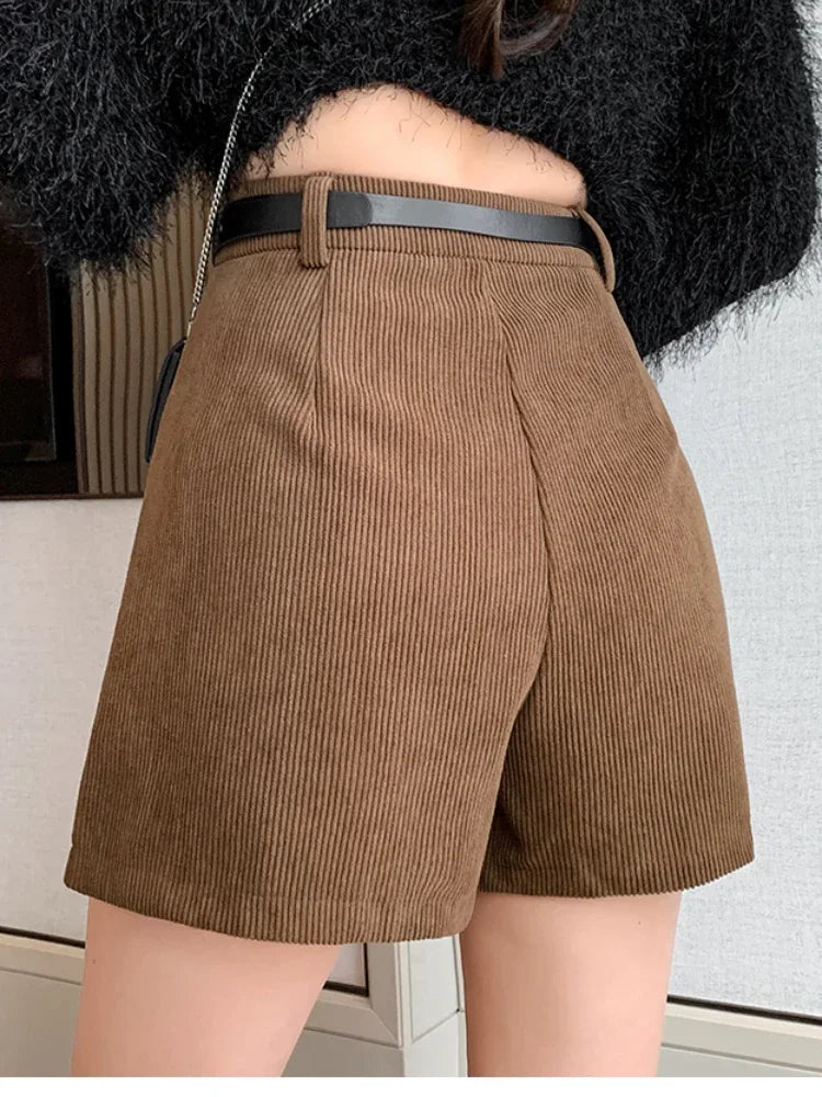 Mojoyce Retro Corduroy Pleated Shorts Skirt with belt Women Fall winter Slim Fit A-line Shorts Fashion All match wide leg Shorts