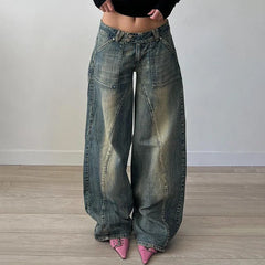 Mojoyce Casual Korean Stylish Baggy Jeans for Women High Street Harajuku Loose Denim Pants Vintage Grunge Wide Leg Trousers