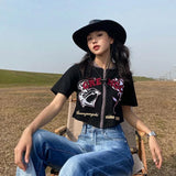 MOJOYCE-American Vintage O Neck Tshirts Summer Half Sleeve Women Zipper Tees Y2k High Waist Camisetas Letter Embroidery Crop Tops
